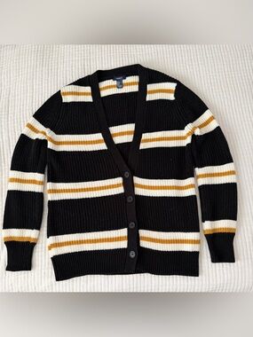 Forever 21 Black Striped Button-Up Cardigan with White and Mustard Bands